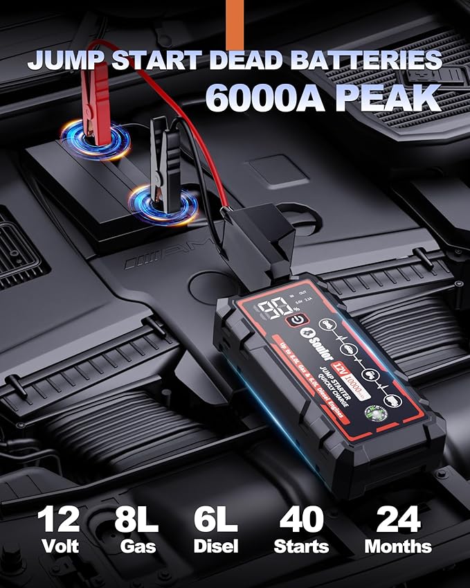 9 in 1 Jump Starter, 12V Jump Box Car Battery Jumper Starter Portable with 14 in 1 Protection Jumper Cables, LED Lights, LCD Display, Insulated Gloves
