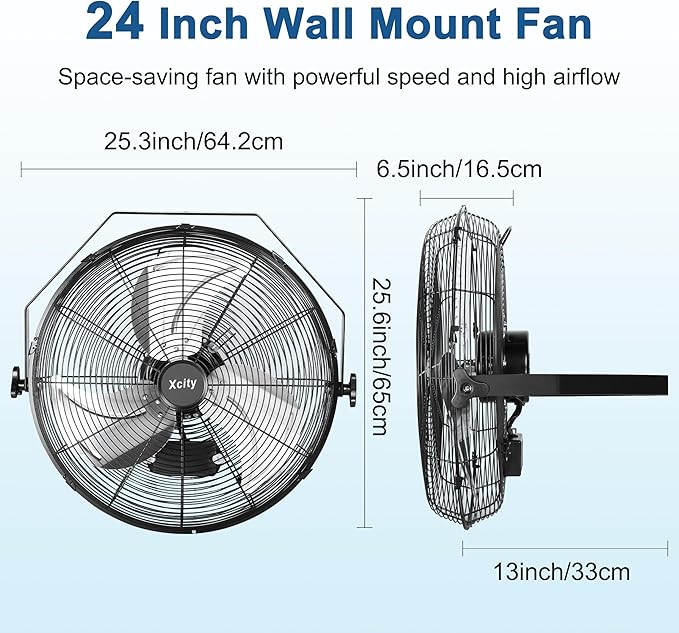 Xcity 24 Inch Metal Wall Mounted Fan, Max 7600 CFM High Velocity Industrial Wall Mount Fan With 3 Speeds & 360째 Adjustable Tilt for Commercial, Garages, Workshops