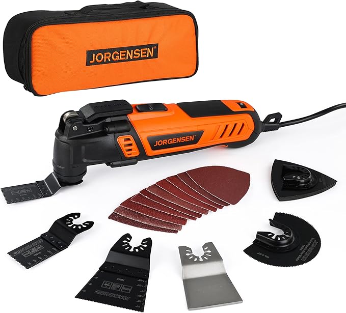 JORGENSEN Oscillating Tool 5째Oscillation Angle, 4 Amp Oscillating Multi Tools Saw, 7 Variable Speed with 16-piece Electric Multitool Blades & Carrying Bag - 70800