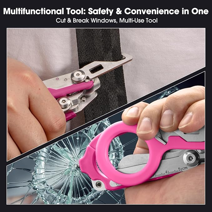 6 in 1 Multifunctional Combination Tool, Folding Retractable Emergency Shears, Outdoor Camping Tools, Seat Belt Cutter, Oxygen Cylinder Wrench, Complimentary Adjustable Wrench (pink)