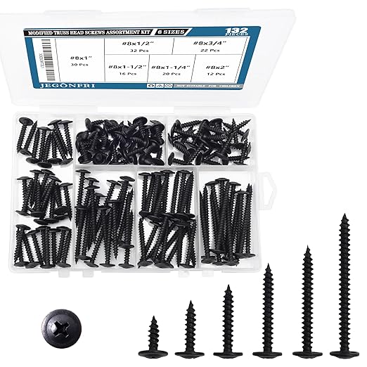 #8 Modified Truss Head Black Wood Screws Assortment Kit, 132 pcs, Phillips Drive, Wood Screws, Screws, Screws Assortment, Screws Set, 6 Sizes (1/2?? 3/4?? 1?? 1-1/4?? 1-1/2?? 2?? (Black)