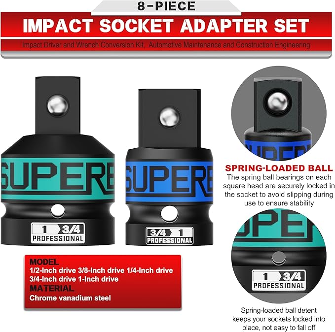 8-Piece Impact Socket Adapter Set, 1/4", 3/8", 1/2", 3/4", 1" Socket Converter and Reducer, Impact Driver and Wrench Conversion Kit, Automotive Maintenance and Construction Engineering