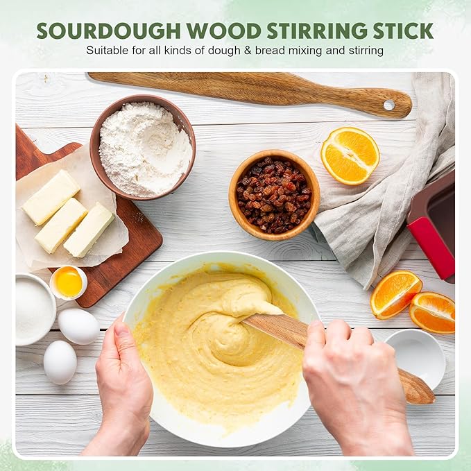Baderke 11 Inch Wooden Sourdough Bread Mixing Stir and 13 Inch Wooden Spatula Paddle Stirring Stick for Kitchen Cooking Mixing Tool for Sourdough Starter Cookware Pot(Beech Wood)