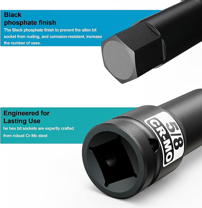 1/2" Drive H5/8-Inch Impact Hex Bit Socket, SAE Allen Bit Socket, Cr-Mo Steel, Removing Loosening Hexagon Bolts