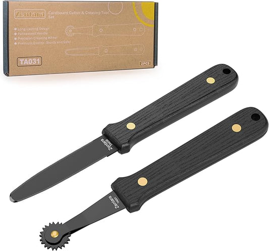 Zentara 2-Piece Cardboard Tool Set ??Full-Tang Stainless Steel Cutting Knife & Creasing Wheel with Carbonized Wood Handles, Teflon Coating, Gift Box for DIY Crafts & Box Resizing