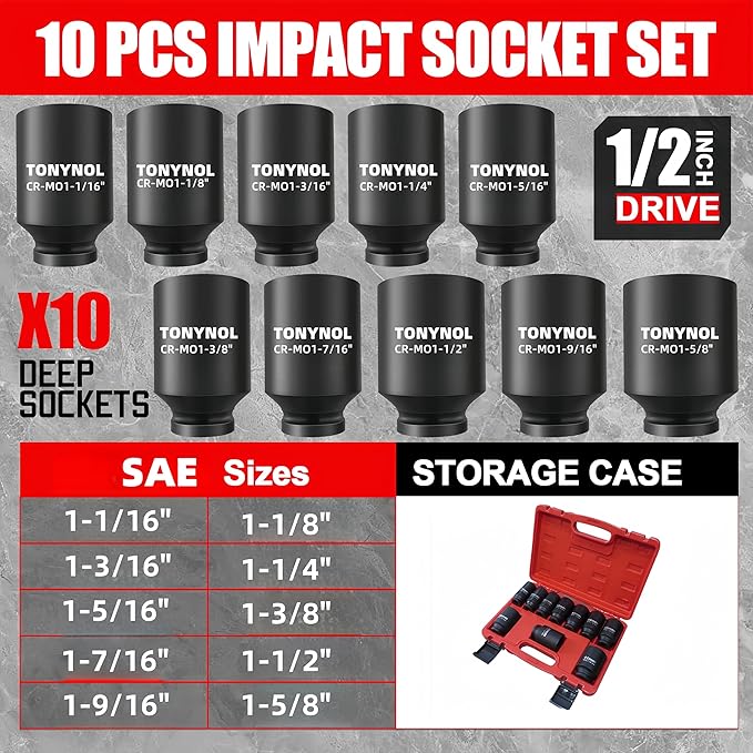 1/2" Inch Drive Impact Socket Set,6-Point,SAE (1-1/16" to 1-5/8"),10 PC Deep,Heavy Duty Impact Socket Set,With a Storage Case