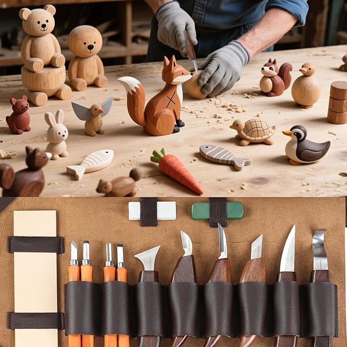 Wood Carving Kit for Beginners ??25pcs Whittling Knife Kit Wood Carving Tools with PU Leather Storage Bag, 10 Carving Knives, 6 Templates & Basswood for DIY Crafts