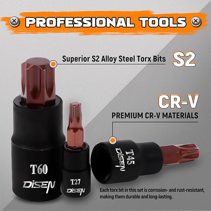 31-Piece Torx Bit Socket and Female External Socket Set, Premium CR-V & S2 Alloy Steel, Star T8-T70 & E-Torx E4-E24,Impact Socket Adapter Set,High Torque Laser Marked for Automotive Mechanic
