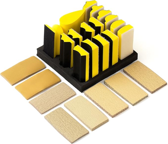56 PCS Hand Sanding Block Set Include 16 PCS Contoured Profile Sander Block and 40 Sheet Sandpaper Interchangeable Assorted Convex & Concave Shapes Used for Woodworking Furniture, Auto Paint
