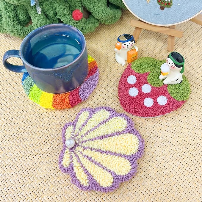 HAND U JOURNEY 3Pcs Embroidery Punch Needle Coasters Kit, Original Design with 2.2mm Punch Tool, Threads and Hoop