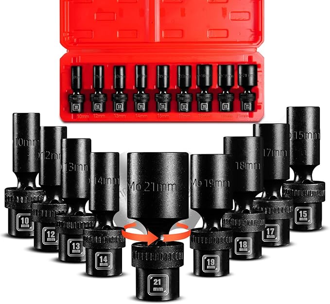 BLACKROBOT 3/8" Drive Deep Universal Impact Socket Set, 9-Piece Swivel Socket Set, Metric Flexible Wobble Sockets, 10-21mm, 6 Point, CR-MO, With Heavy Duty Storage Case