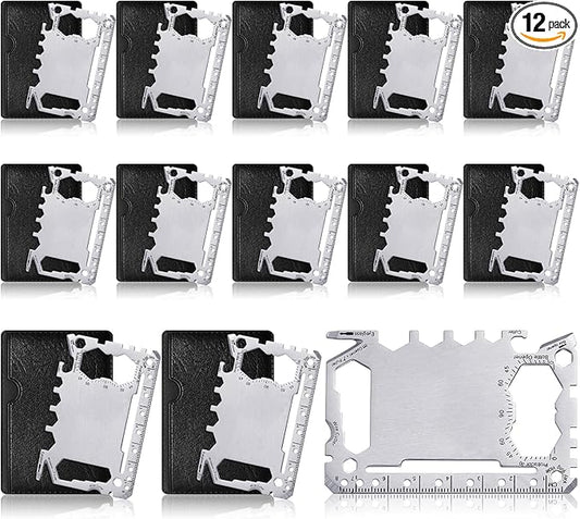 Cholemy 12 Pcs Credit Card Wallet Multitool 46 in 1 Metal Stainless Steel Survival Pocket Tool Multipurpose Bottle Opener Bulk for Men Christmas Stocking Stuffer Gift(Silver,Classic Style)