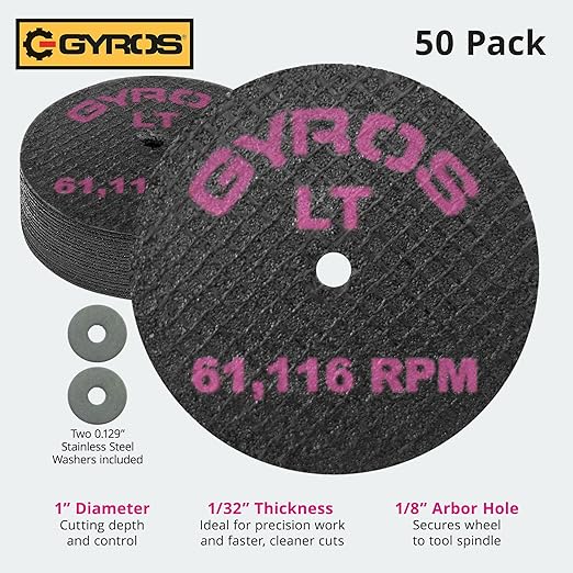 GYROS Cut-Off Wheels for Rotary Tools ??1??Low-Tensile Fiberglass Reinforced, 50-Pack | Cuts Wood, Plastic, Stone, Ceramic, Aluminum, Copper, Brass | Made in USA 11-32102/50