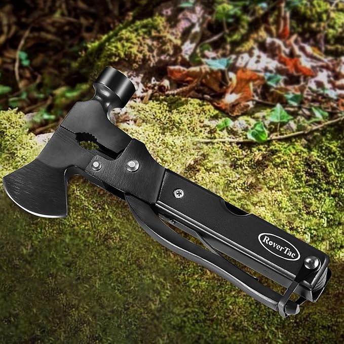 RoverTac 14-in-1 Multitool Camping Axe ??Multi Tool with Knife, Hammer, Saw, Screwdrivers, Bottle Opener ??Camping Tool with Sheath ??Tool Gifts for Men, Dad, Husband, and Outdoor Enthusiasts.