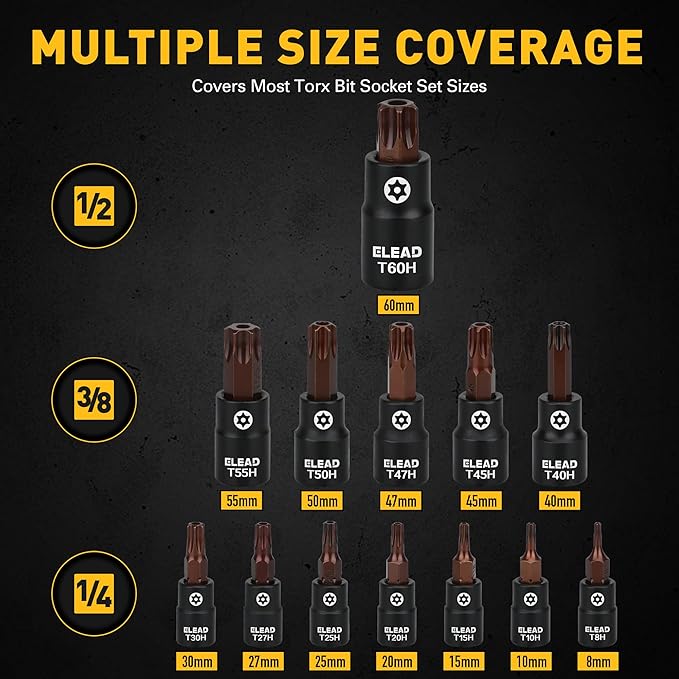 16-Piece Torx Bit Socket Set - Premium S2 Steel European Style T8-T60 with Socket Adapters, Star Bit Socket Set 1/4?? 3/8??and 1/2??Drive | Professional Mechanic Garage Tools