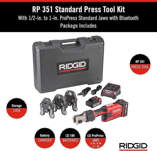 RIDGID 67183 Model RP 351 ProPress Standard Press Tool Kit with Battery, Charger, 1/2" to 1" Press Tool Jaws, and Carrying Case