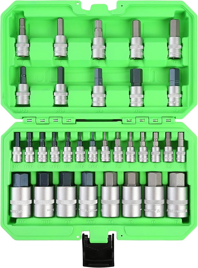 OEMTOOLS 22989 32 Piece Hex Bit Socket Set, SAE and Metric Bit Sockets, 1/2", 1/4", and 3/8" Drive Hex Bit Socket Set Metric and SAE Included