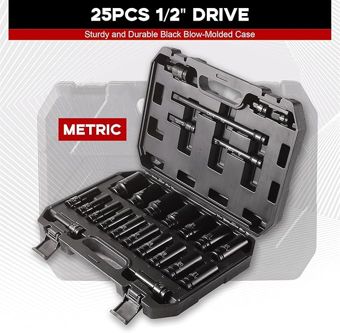 Aloanes 25-Piece 1/2" Drive Socket Set, Metric(10mm-32mm), Deep Sockets, 1/2" F to 3/8" M Reducer,3/8" F to 1/2" M Reducer, Universal Joint, Extension Bars, 6 Point, Cr-V