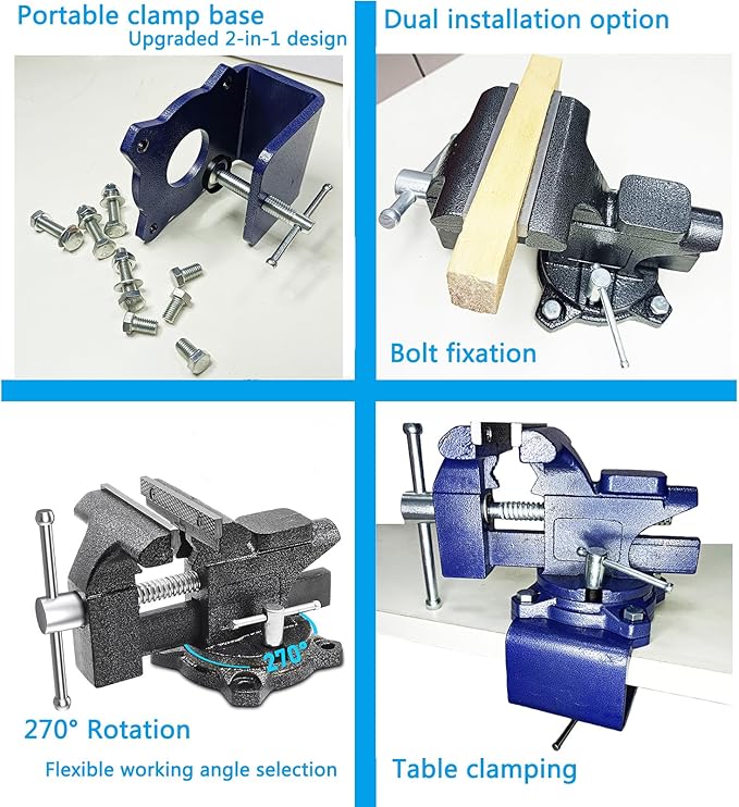 MYTEC 2-In-1 Work Bench Vise, Upgraded Multi-Purpose Table Vice, Universal Rotate 270째Work Clamp-On Vise, 4.5" blue