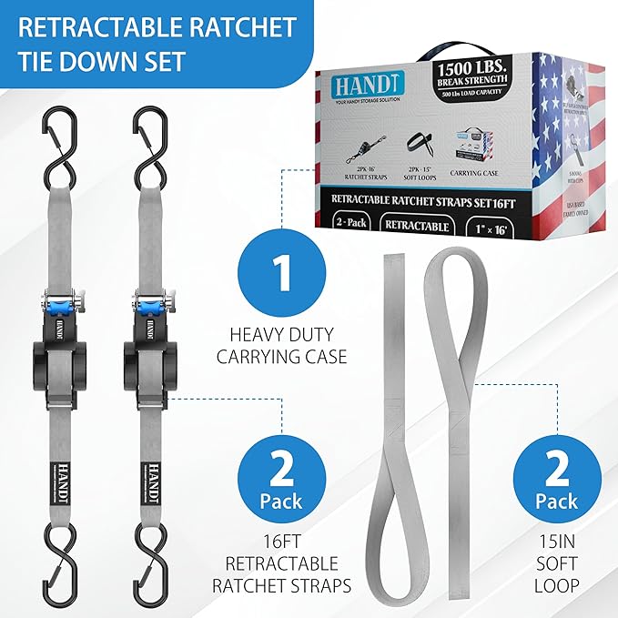 USA Based Retractable Ratchet Straps (2PK) 1in x 16ft - 1,500lb Break Strength, Heavy Duty Automatic Ratchet Straps Self Retractable Tie Down, Push Button Retracting Truck Trailer Cargo | Gray