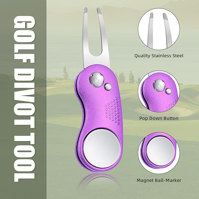 Mile High Life Golf Divot Repair Tool, All Metal Foldable Divot Tool with Pop-up Button & Magnetic Ball Marker