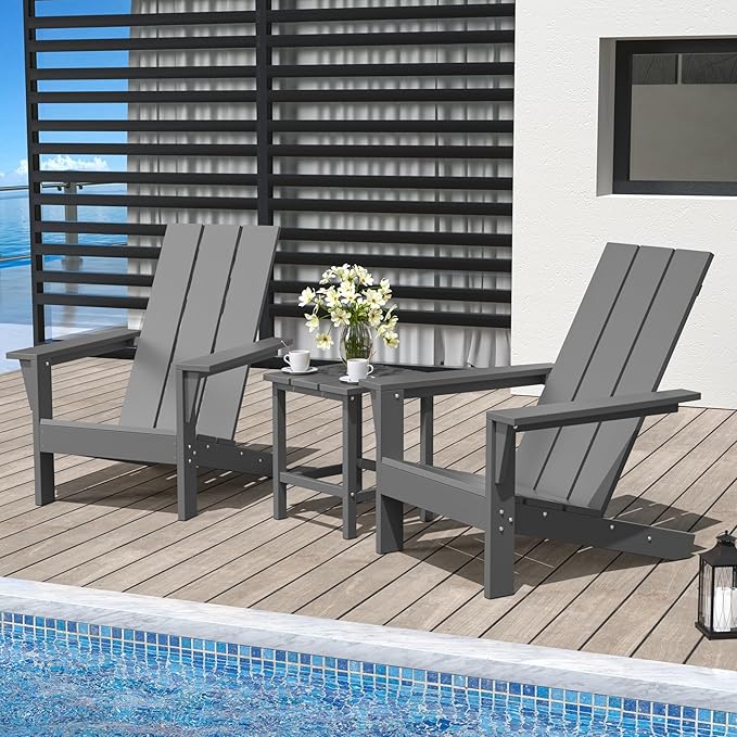 3 Pieces Adirondack Chair Set Outdoor Adirondack Chair Plastic HDPE All-Weather Adirondack Chairs Outdoor Fire Pit Chairs with Table for Deck Patio Garden（Grey）