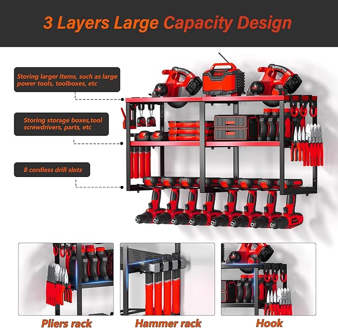 Power Tool Organizer Wall Mount, Heavy Duty Cordless Tool Organizer 8 Drill Holder, 3 Layer Garage Organization for Storage Rack, Suitable Tool Rack for Tool Room, Workshop, and Storage (Red)