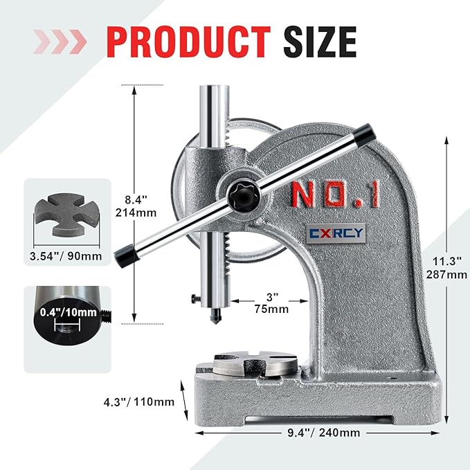 CXRCY Arbor Press 1 Ton Round Ram with Hand Wheel, Cast Iron Upgraded Manual Arbor Press, 5.5" Maximum Height, Desktop Arbor Press, Metal Punch Press Machine for Stamping Bending Forming Stretching