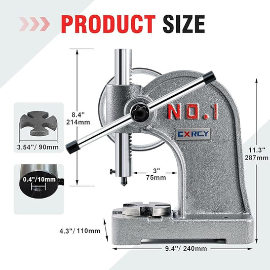 CXRCY Arbor Press 1 Ton Round Ram with Hand Wheel, Cast Iron Upgraded Manual Arbor Press, 5.5" Maximum Height, Desktop Arbor Press, Metal Punch Press Machine for Stamping Bending Forming Stretching