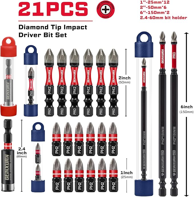 20Pcs Multi-Size Diamond Coated Impact Screwdriver Bit Set, #2 Phillips Power Driver Bits, Magnetic S2 Steel PH2 Screwdriver Bits Set with 1Pcs Screwdriver Bit Holer