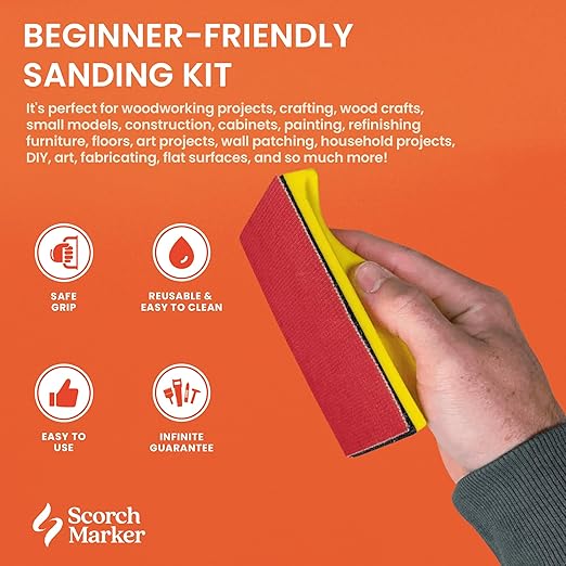 SCORCH MARKER - 16 pc Hand Sanding Kit, Sander Block, with Durable Mesh & Soft Handle, Includes 3 Sheets Each of 80, 120, 240, 320 and 600 Grit Sandpaper. Fully Reusable & Washable for Crafts & DIY
