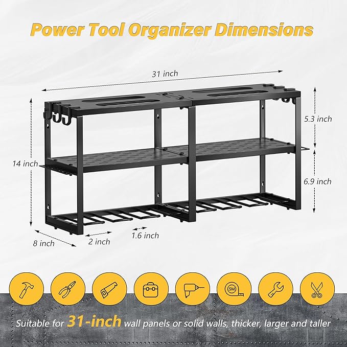 Power Tool Organizer Wall Mount, Heavy Duty Cordless Tool Organizer 8 Drill Holder, 3 Layer Garage Organization for Storage Rack, Suitable Tool Rack for Tool Room, Workshop, and Storage (Black)
