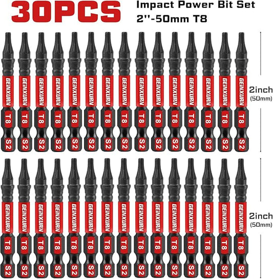 30 Pieces T8 Impact Tough Magnetic Screwdriver Bit Set, 2 In. #8 Torx Head power Bit Set, S2 Alloy Steel T8 Star Bit