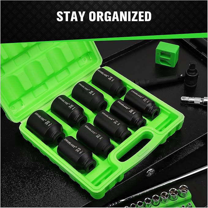 SWANLAKE 9PCS 1/2" Metric Impact Socket Set, Spindle Axle Nut Impact Socket,29mm-38mm,CR-V