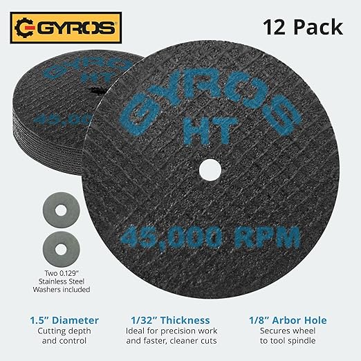 GYROS Cut-Off Wheels for Rotary Tools ??1.5??High-Tensile Fiberglass Reinforced, 12-Pack | Ideal for Cutting Hardened/Unhardened Steel, Steel Alloys, Hard Bronze, Metal | Made in USA 11-32156/12