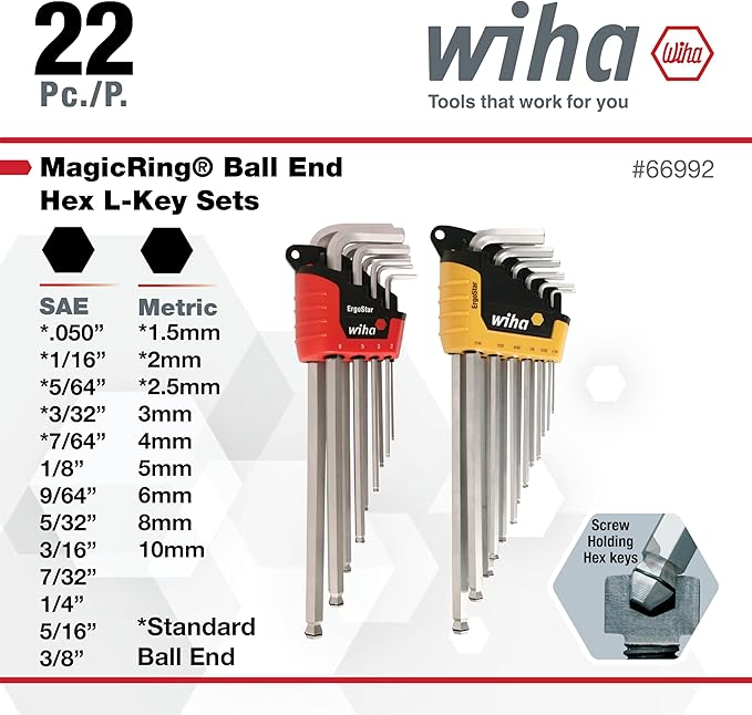 Wiha 66992 MagicRing Ball End Hex L-Key Set In Holders, 22 Piece