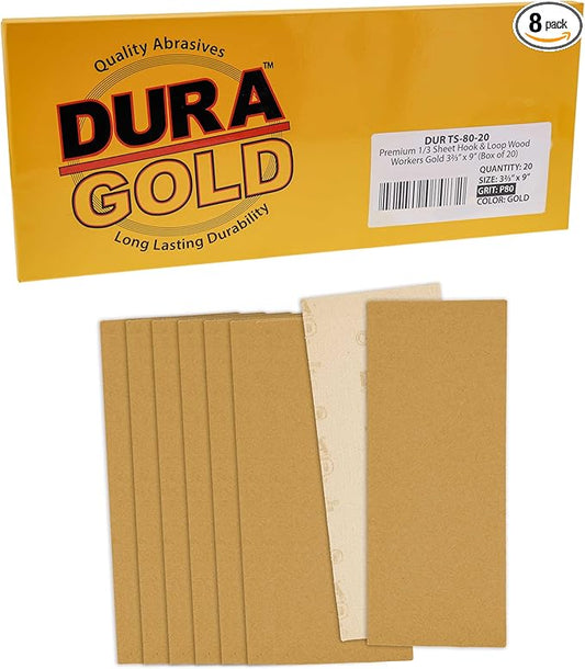 Dura-Gold Premium 1/3 Sheet Gold Sandpaper Sheets, 80 Grit (Box of 20) - 3-2/3" x 9" Size Hook & Loop Backing, Wood Furniture Woodworking, Auto Paint - Jitterbug Sanders, Clip-On, Hand Sanding Blocks