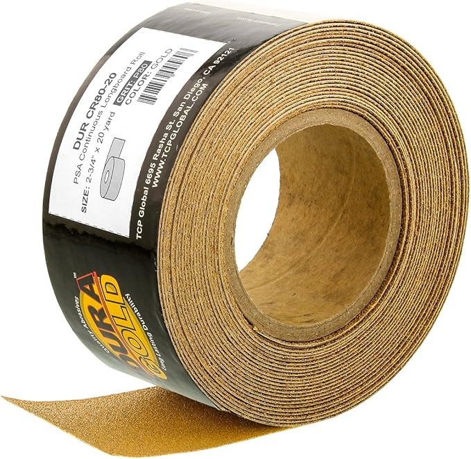 Dura-Gold Premium Gold 80 Grit PSA Longboard Sandpaper, 20 Yard Roll, 2-3/4" Wide, Self Adhesive Stickyback, Woodworking & Automotive Sandpaper Roll, Air File Sand Paper, Auto Sanding Blocks