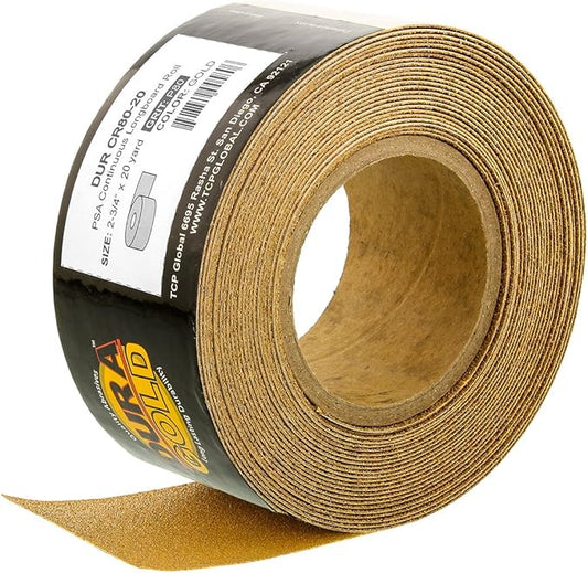 Dura-Gold Premium Gold 80 Grit PSA Longboard Sandpaper, 20 Yard Roll, 2-3/4" Wide, Self Adhesive Stickyback, Woodworking & Automotive Sandpaper Roll, Air File Sand Paper, Auto Sanding Blocks