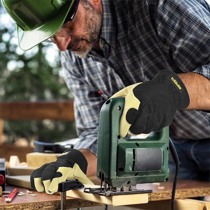 HANDLANDY Men Leather Gardening Gloves, Utility Work Gloves for Mechanics, Construction, Driver