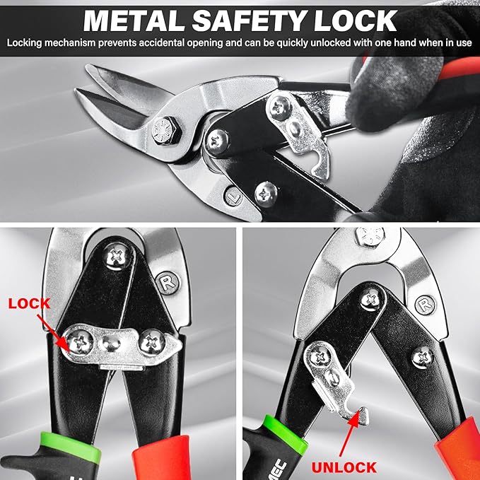 HAUTMEC Aviation Tin Snips Set for Cutting Metal Sheet, 10 Inch Heavy-Duty CR-V Metal Shears for Straight, Left & Right Cuts, with Safety Lock and Ergonomic Grip - HTSSM25063