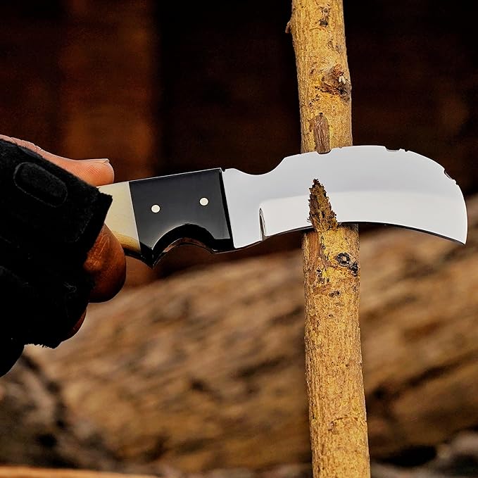 Handmade Stainless Steel Lineman’s Hawkbill knife with Leather sheath, Heavy Duty Utility Knife blade Electrician Wire Skinning knife for professional. (Camel & Black)
