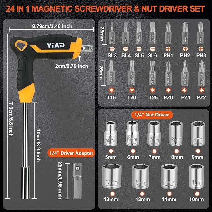 24-Piece T-Handle Magnetic Screwdriver Set, 14 CR-V Steel Bits & 9 Nut Drivers (5-13mm), Ergonomic Non-Slip Grip All-in-One Hand Tool for Household Repair, DIY & Bicycle Maintenance