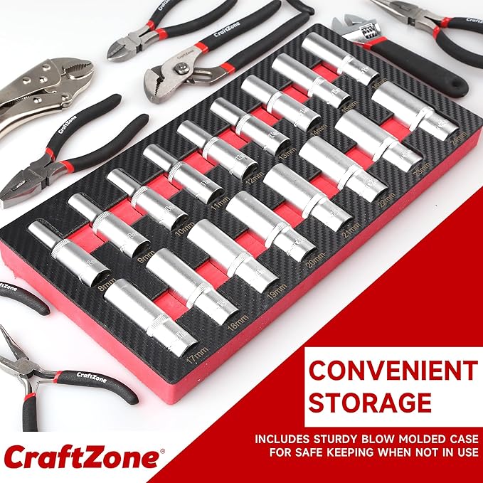 17-Piece 1/2" Drive Deep Socket Set & Tool Set - Metric (8mm-24mm) CR-V Steel with EVA Tray for Automotive | Bike | Motorcycle | Furniture | Home DIY
