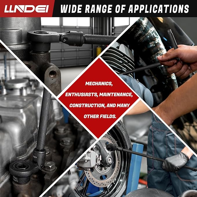 LLNDEI 3/8" Nano Sockets, Drive Stubby Impact Socket Set, 19-Piece Long Flex Head Ratcheting Wrench Set Extension Bar(6"-15"), 6-19mm Metric Stubby Socket Set, Cr-Mo material
