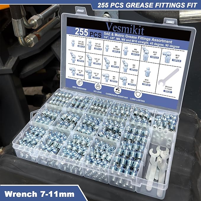 255PCS Grease Fittings Assortment,SAE & Metric Grease Zerk Fittings 1/4" 1/8" M6 M8 M10 straight 45 90 degree with Wrench Kit(7-11mm) for Grease Gun,Fit Tractor Vehicle Excavator Trailer Equipment