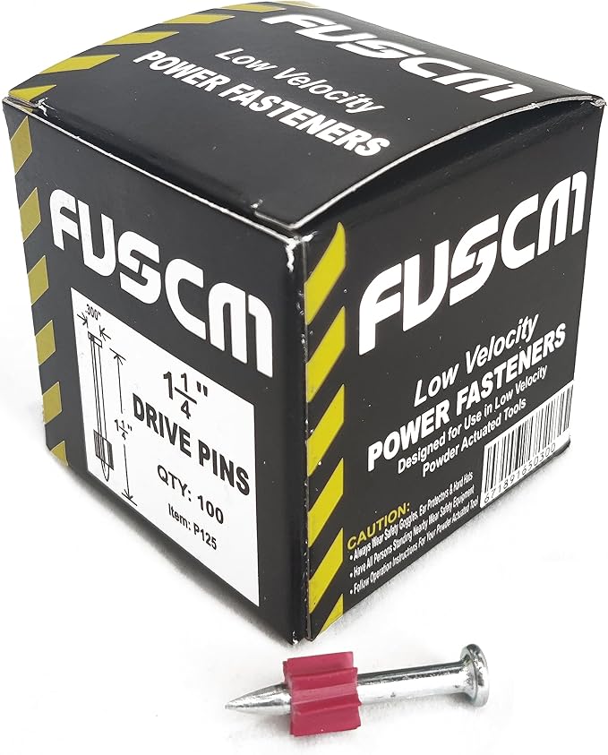 1-1/4" Powder Actuated Fasteners,.300 Head Diameter Drive Pin with red Flute,P125, 100pcs/pack