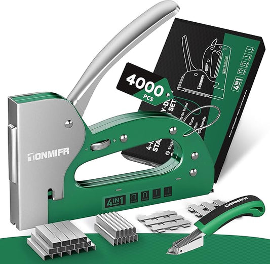 Tonmifr Heavy Duty 4 in 1 Staple Gun Larger Size, Effortless Operation - 1080째 Force Adjustment, Stapler Gun for Upholstery, Carpentry, Wood, Fabric, Furniture, Wall & DIY with Remover & 4000 Staples