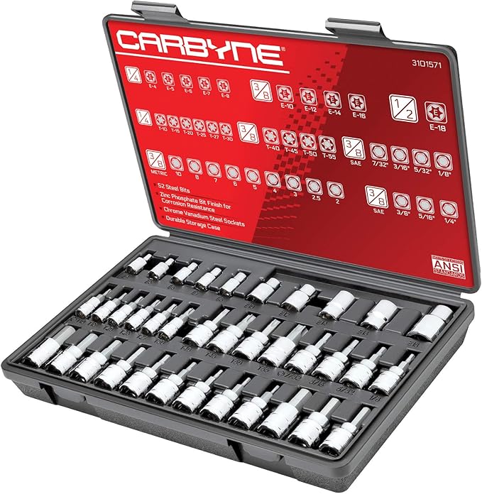 CARBYNE 36-Piece Hex (Allen), Torx Bit Socket & E-Torx Set | Includes Metric 2mm ??10mm, SAE 1/8 in. ??3/8 in., T10 ??T55, E4 ??E18, S2 Steel Bits, Cr-V Sockets, Durable Case