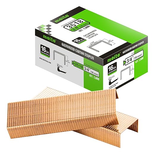 meite Carton Closing Staples 16 Gauge 1-3/8" Wide Crown 3/4" Leg Copper-Coated Carton Staples for Pneumatic or Manual Box Stapler Gun - Cardboard Closer Packaging (8,000PCS)